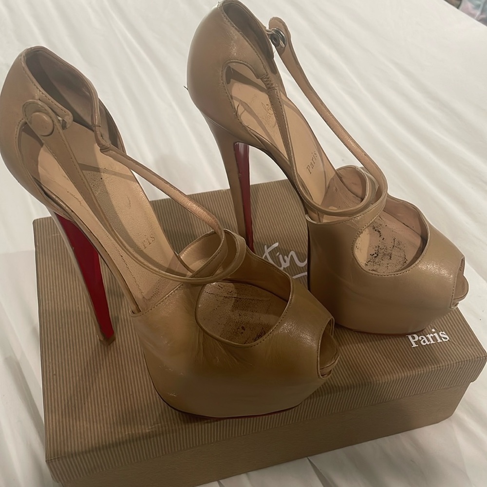 Christian Louboutin Kid Exagona 160 Pumps 37 Nude Platform Peep Toe red bottoms